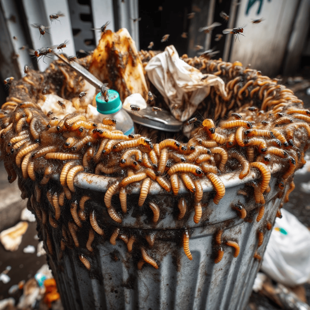 Une poubelle infectée d'asticots et de mouches